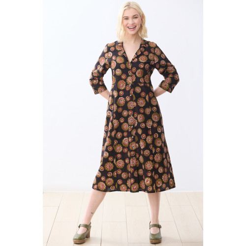 Anisha Resort Collar Fit and Flair Shirtdress - Black/Multi