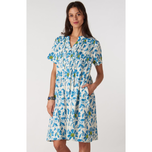 Anvita Short-Sleeve Pleated Shirtdress - White/Blue