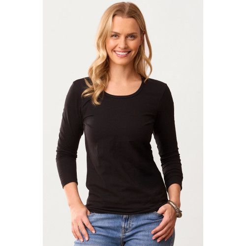 Cotton Lycra Knit Long-Sleeve Layering Tee - Black