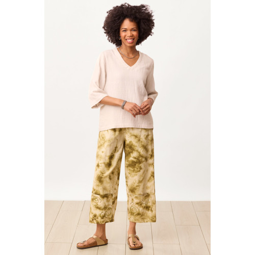 Kesari Cotton Twill Tie-Dye Pull-On Crop Pant - Algae green Shibori