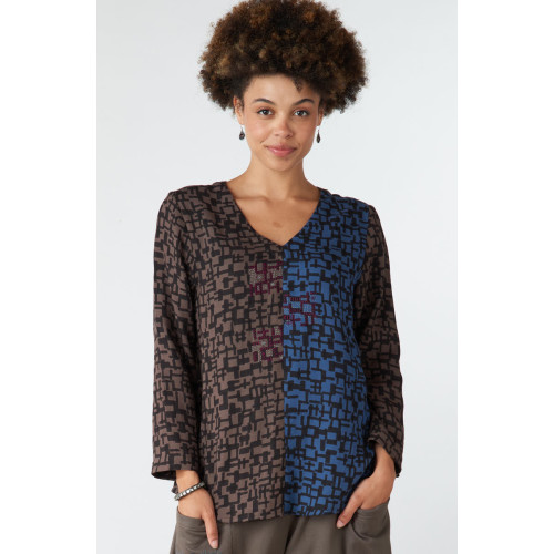 V-Neck Long-Sleeve Divya Popover Top - Fossil/Marine